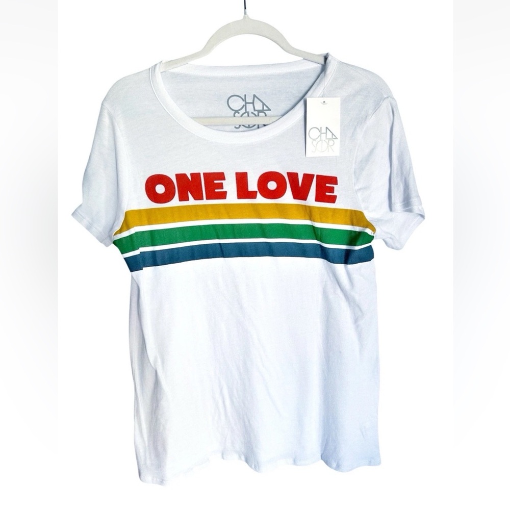 Chaser One Love Tee - White with Red, Yellow, Green Stripes medium